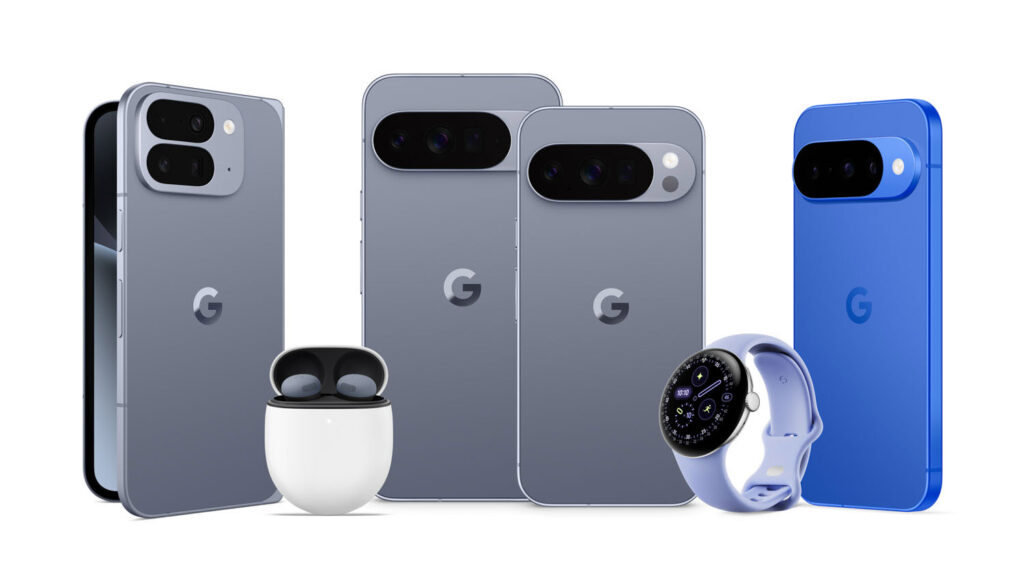 Google Pixel 10 Pro XL en Google Pixel 10 Pro samen met Pixel Buds Pro 2 en Pixel Watch 4.