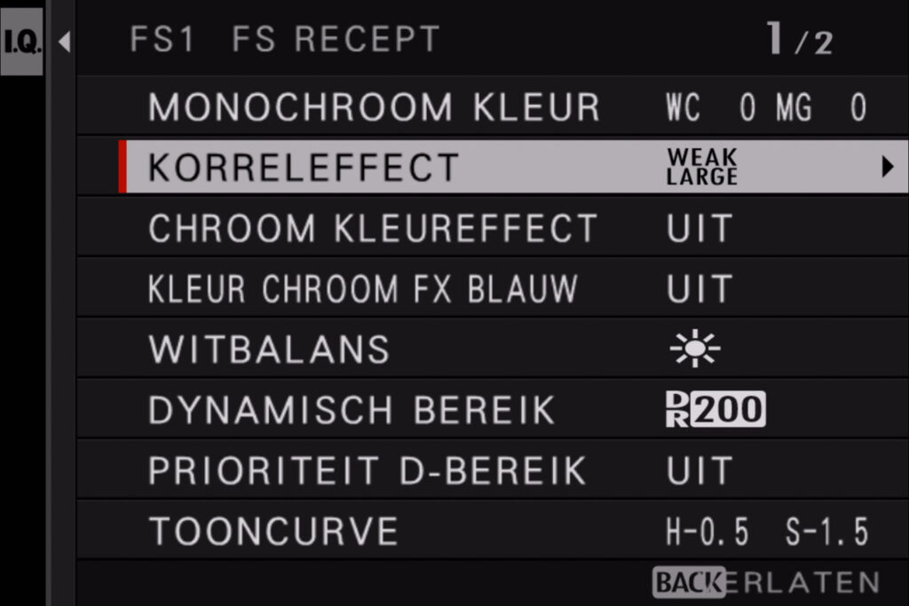 filmsimulatiescherm menu 1