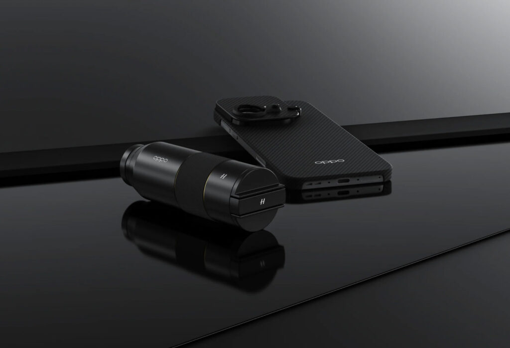 OPPO Hasselblad Teleconverter Kit naast OPPO Find X9 Pro met case