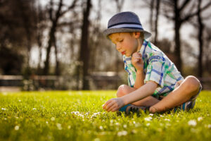 jongen in het gras, portret
