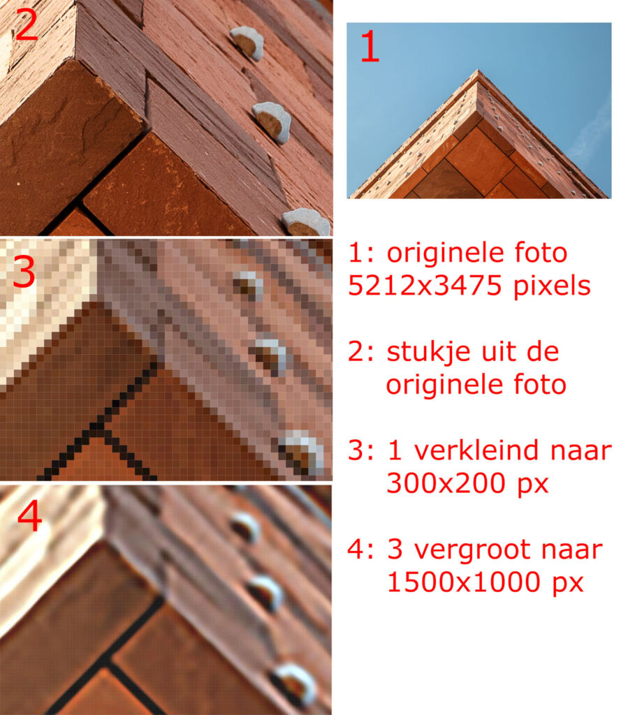 vergelijking van vier versies van dezelfde dakfoto om het effect van dpi-resolutie en pixelverkleining op scherpte te illustreren