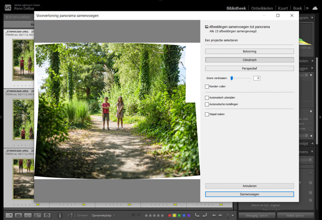 Brenizer panorama stitchen Lightroom Classic panoramafunctie voorvertoning
