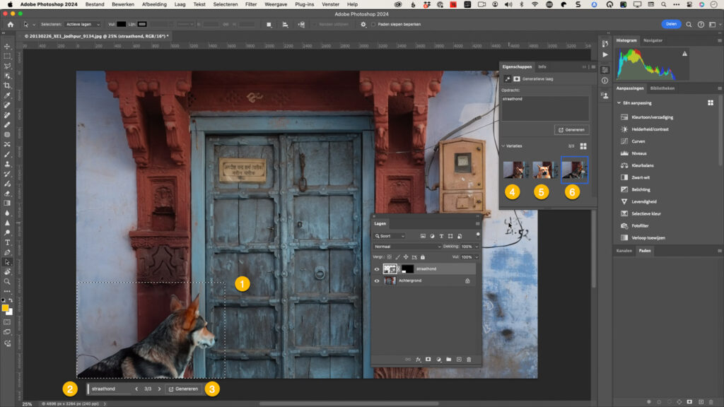 Met Generatief vullen in Photoshop een straathond toevoegen aan een Indisch straatbeeld