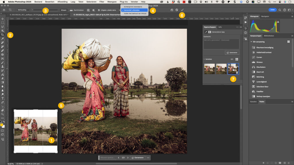 Generatief uitbreiden in Photoshop zet een liggende Taj Mahal-foto om naar vierkant Instagram-formaat