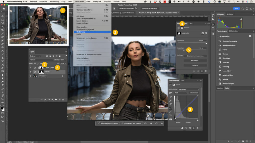 AI-selectie van de lucht in Photoshop stuurt een Curves aanpassingslaag bij een portretfoto