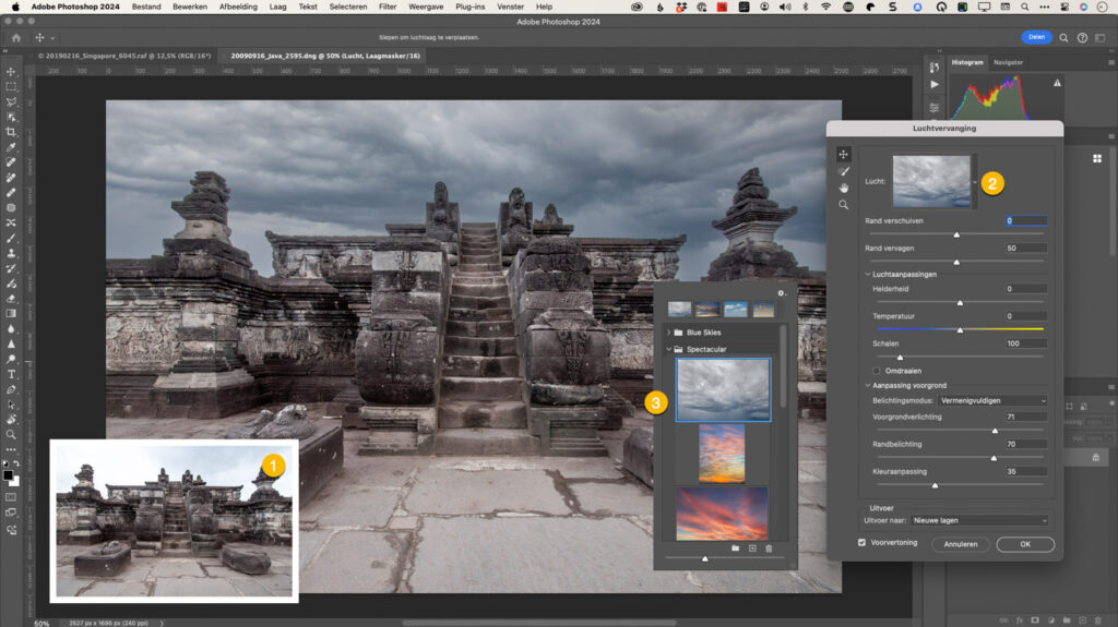 Lucht vervangen met AI in Photoshop bij een foto van een Indonesische tempel