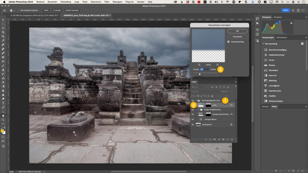 De laaggroep van Luchtvervanging in Photoshop met Gaussiaans vervagen op de nieuwe lucht