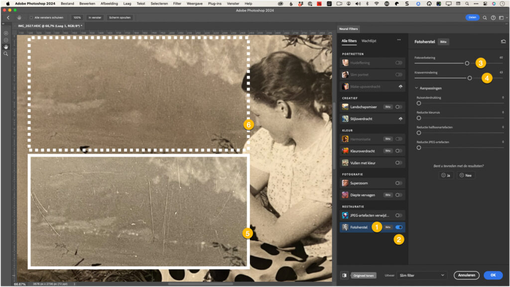Het Neural filter Fotoherstel in Photoshop verwijdert krassen uit een oude zwart-witfoto met AI
