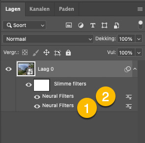 Twee Neural filters als slimme filters in het lagenpalet van Photoshop