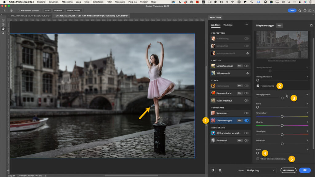 Het Neural filter Diepte vervagen in Photoshop simuleert beperkte scherptediepte bij een ballerina
