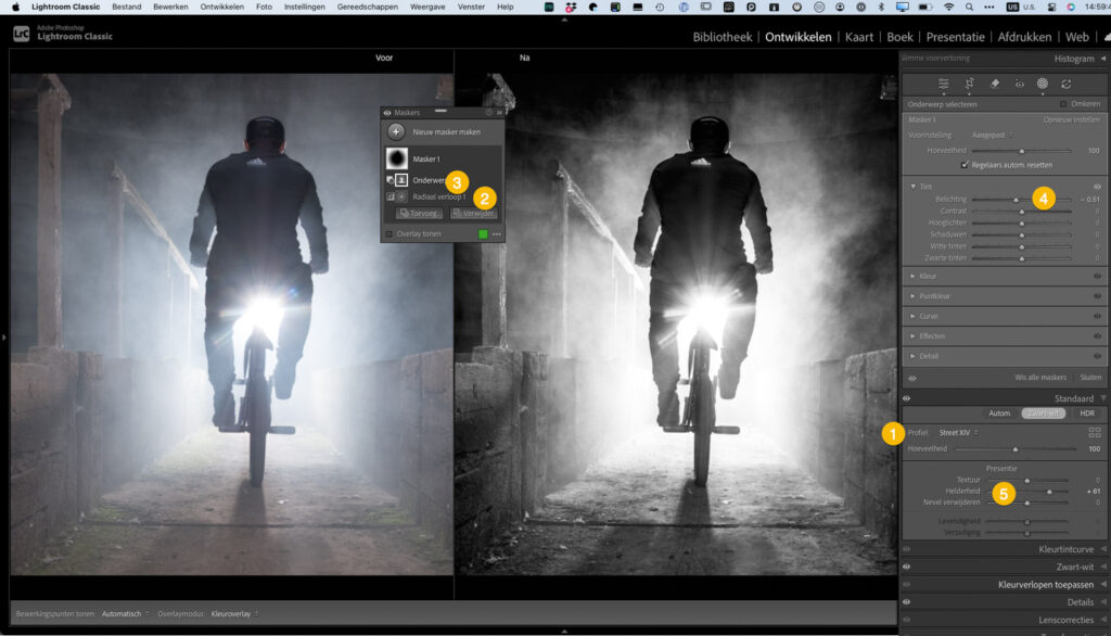 BMX-atleet in tegenlicht met flitser en rook, zwart-wit flitsfotografie op locatie