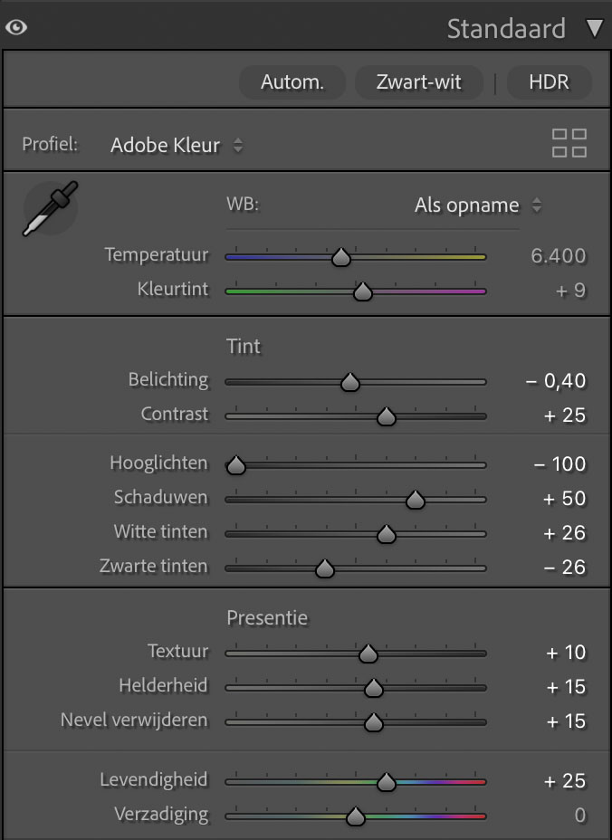 Lightroom ontwikkelmodule met globale aanpassingen voor het bewerken van een landschapsfoto