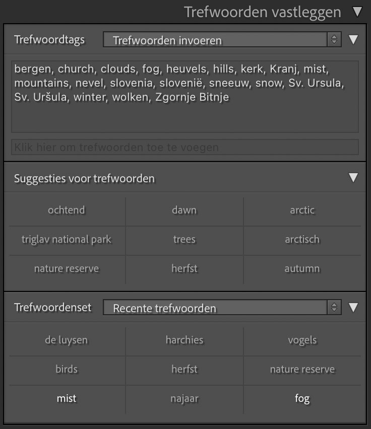 Lightroom-catalogus met trefwoorden en verzamelingen voor het ordenen van landschapsfoto's