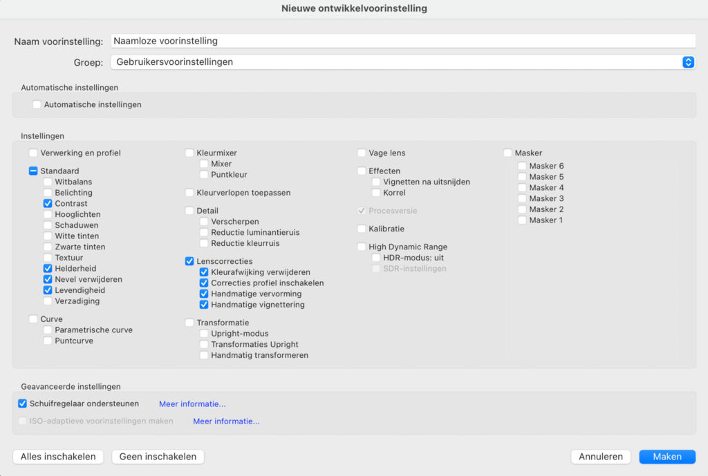 Lightroom-venster voor het aanmaken van een ontwikkelvoorinstelling om de nabewerking te versnellen