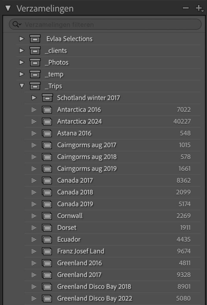 Lightroom-catalogus met trefwoorden en verzamelingen voor het ordenen van landschapsfoto's