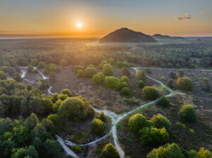 Luchtfoto van heidegebied Opglabbekerzavel bij zonsopgang met de terril van Waterschei aan de horizon