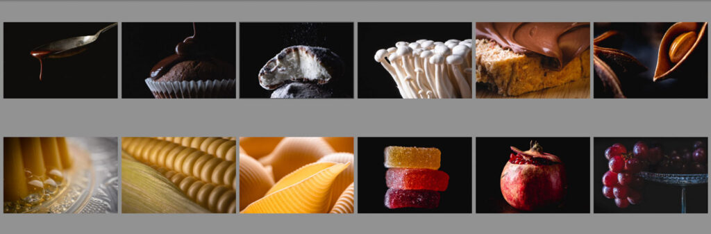 Foodfoto's ordenen tijdens een portfoliobespreking bij het portfolio samenstellen