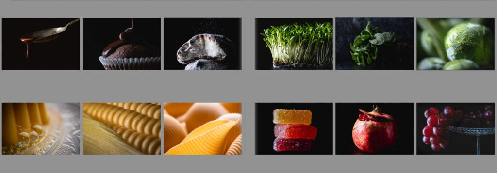 Foodfoto's ordenen tijdens een portfoliobespreking bij het portfolio samenstellen