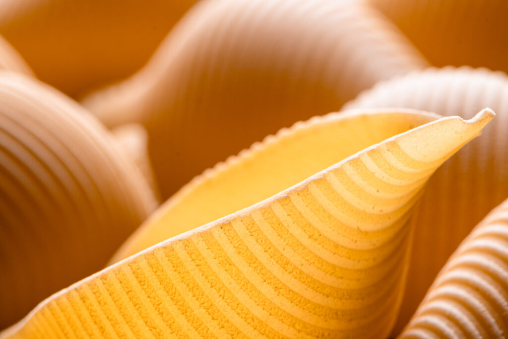Macro foodfotografie van een pastaschelp met warm tegenlicht en oranje gloed