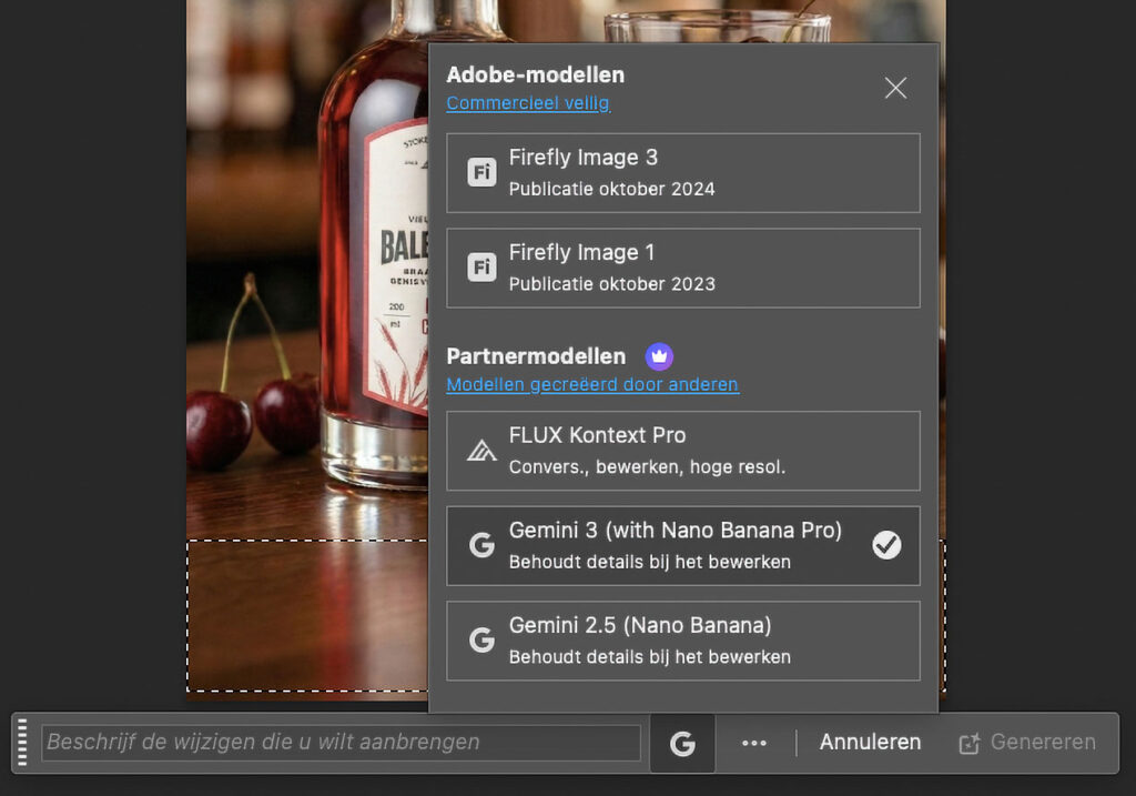 Adobe-modellenpaneel met Firefly- en partnermodellen, generatieve AI-tools voor fotografen in Photoshop