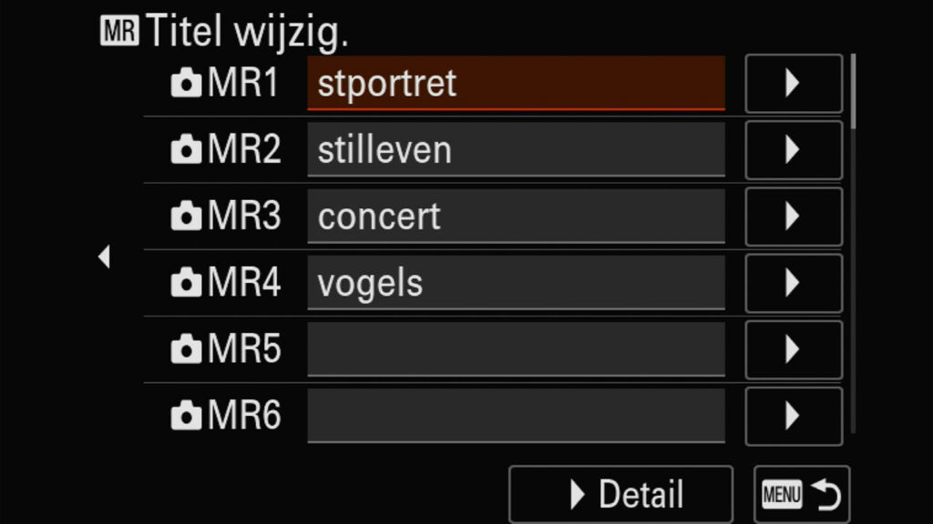 [AFBEELDING: Schermafbeelding waarin geheugenstanden (MR) een eigen naam krijgen, zoals "stportret", "stilleven", "concert" en "vogels"] Beeld: schermafbeelding Sony A7R VI Alt tag: