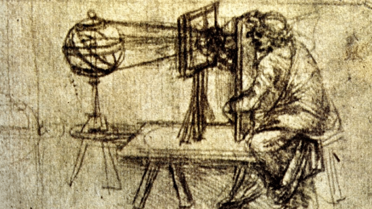 schets van Leonardo da Vinci uit 1515 van een camera obscura, een sleutelmoment in de geschiedenis van de fotografie