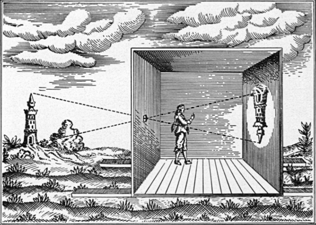 historische gravure van een camera obscura als tekenhulpmiddel, vroege mijlpaal in de geschiedenis van de fotografie