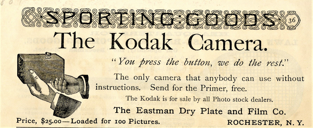historische Kodak-advertentie met de slogan you press the button we do the rest, keerpunt in de geschiedenis van de fotografie