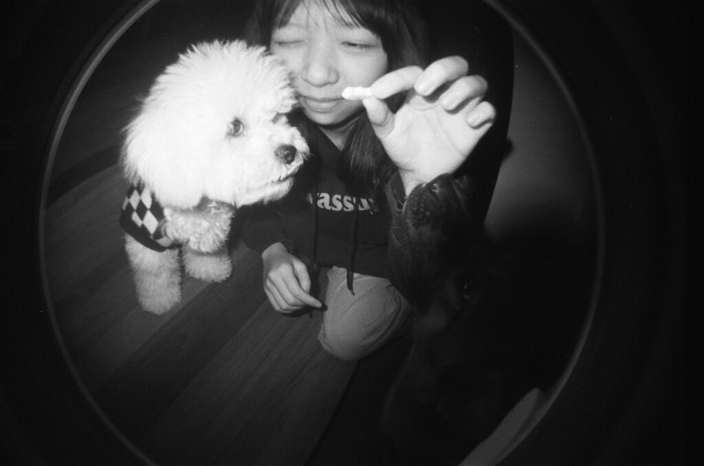 zwart wit fisheye foto met hond