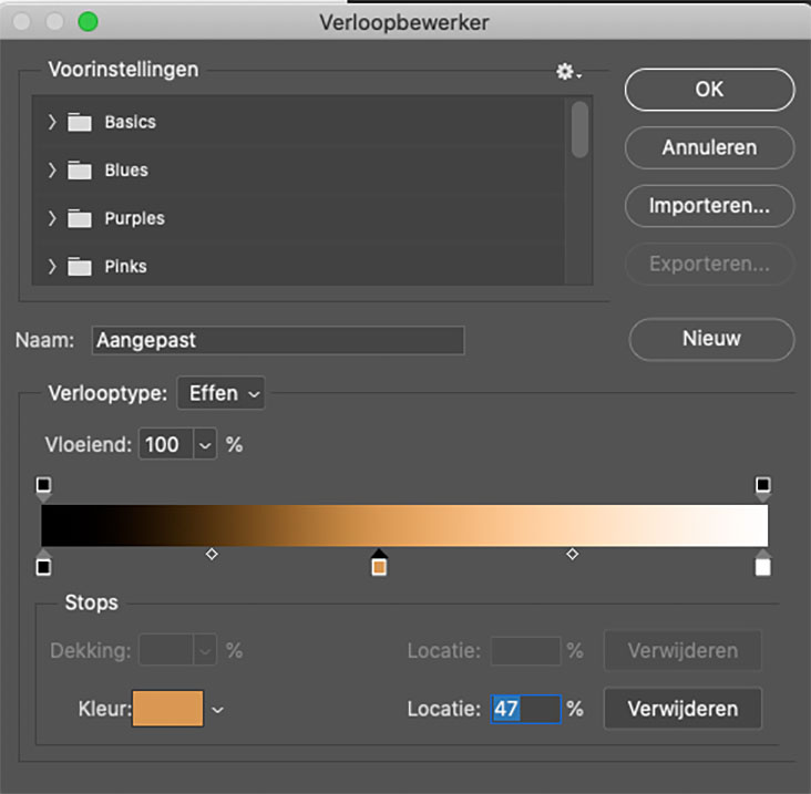 Schermafbeelding van de verloopbewerker in Photoshop voor het omkleuren bij productfotografie