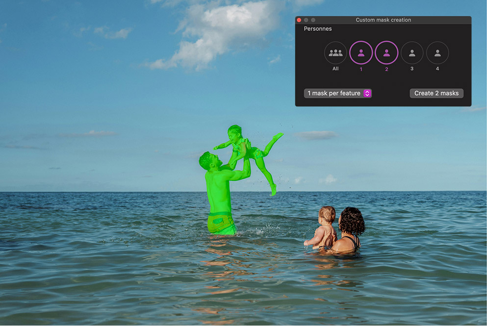 Personenmasker in DxO PhotoLab 10 dat een persoon in een strandscène groen markeert
