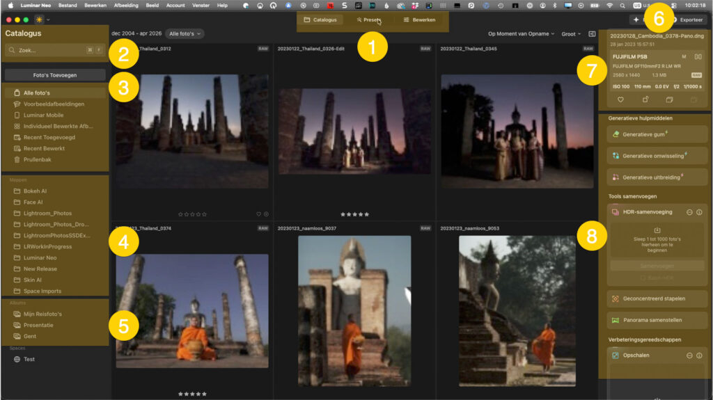 Luminar Neo catalogus met mappenpaneel, albums en rasterweergave van foto's in de standalone-app
