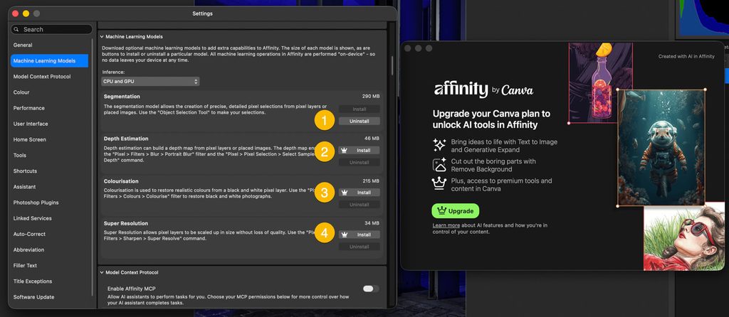 AI-segmentatiemodel installeren in de instellingen van Affinity, met Canva Pro-upgrade voor extra AI-functies
