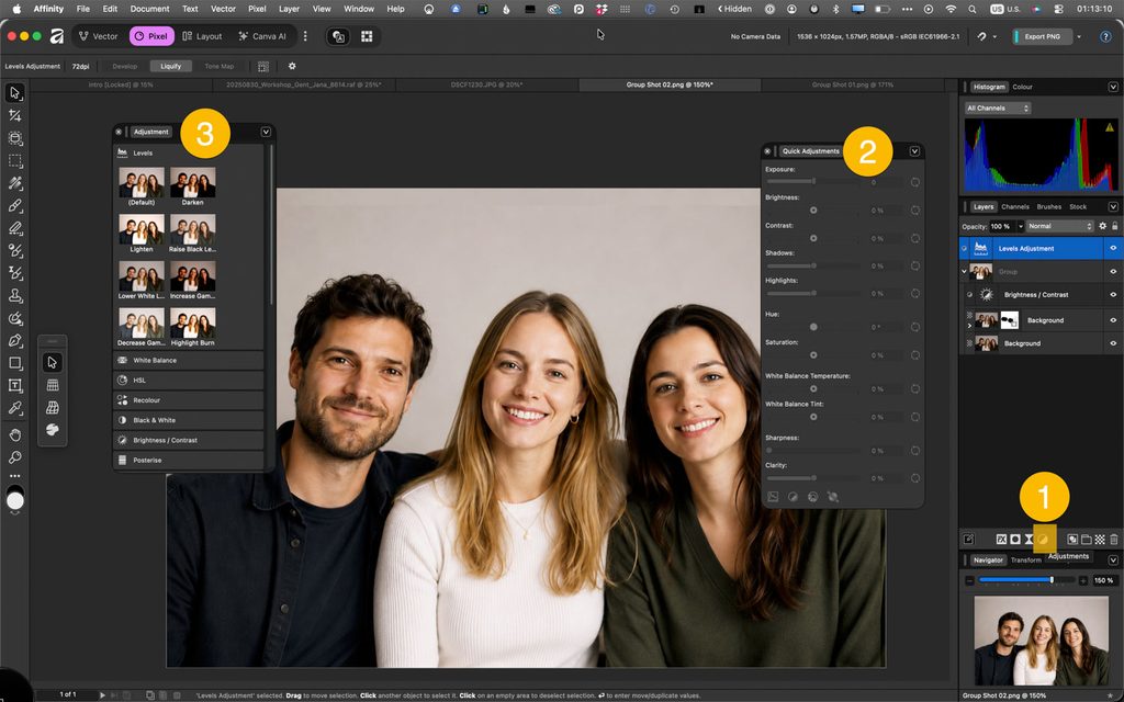 Niet-destructieve aanpassingslagen toevoegen in Pixel Studio van Affinity