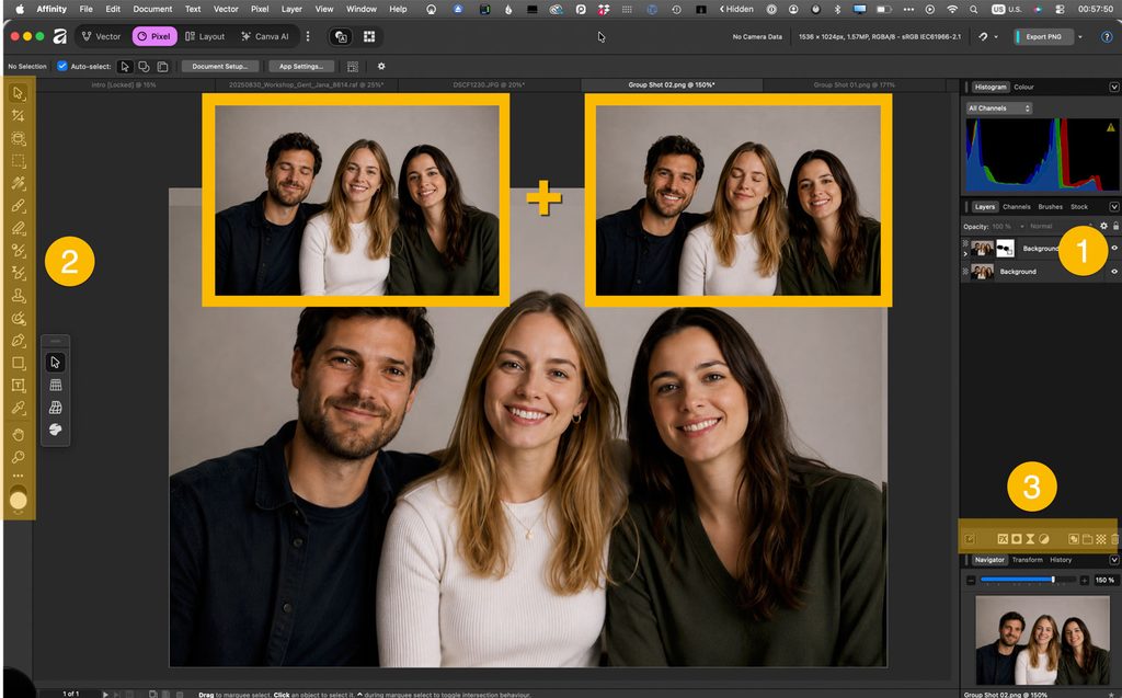 Twee groepsfoto’s combineren met lagen en een laagmasker in Affinity