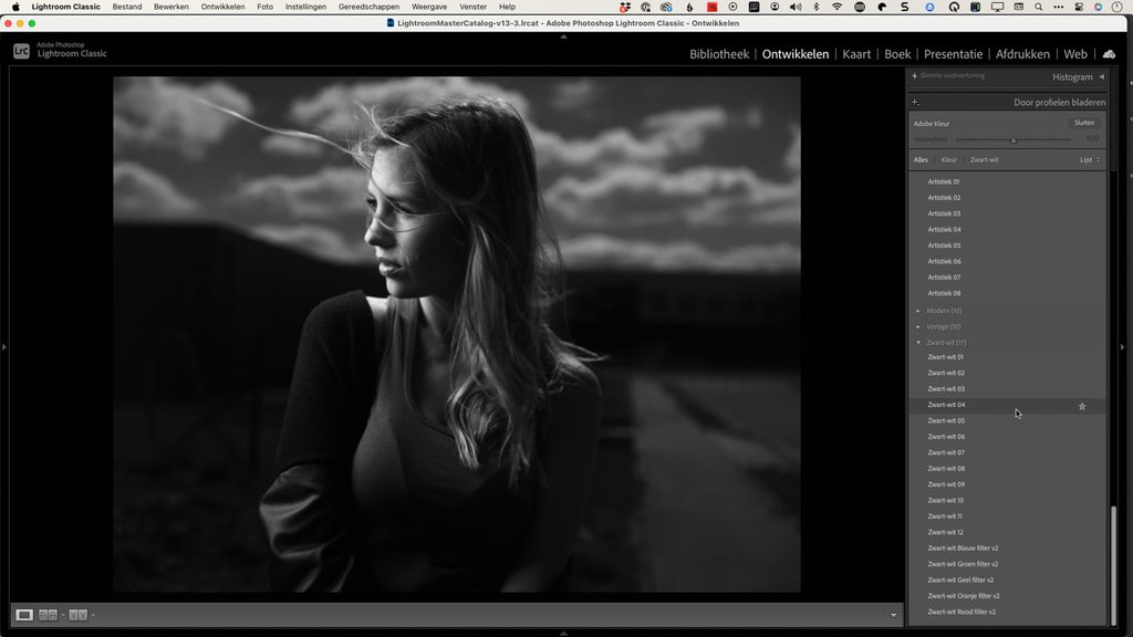 Zwart-wit Creatieve Lightroom profielen in de Profielbrowser, toegepast op een portret van een vrouw