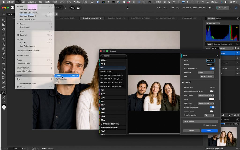 Foto exporteren als JPEG of PNG via File > Export in Affinity