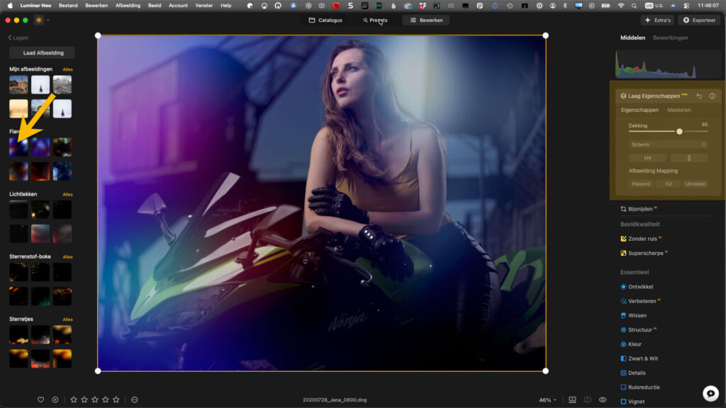 Creatieve overlay met lichtlekken via het lagensysteem van Luminar Neo