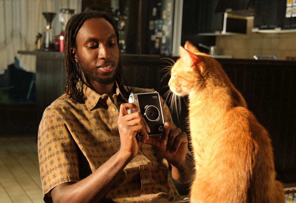 man maakt foto van kat met Instax mini evo 2