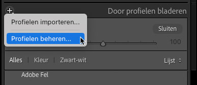 Lightroom profielen importeren en beheren via het menu in de Profielbrowser
