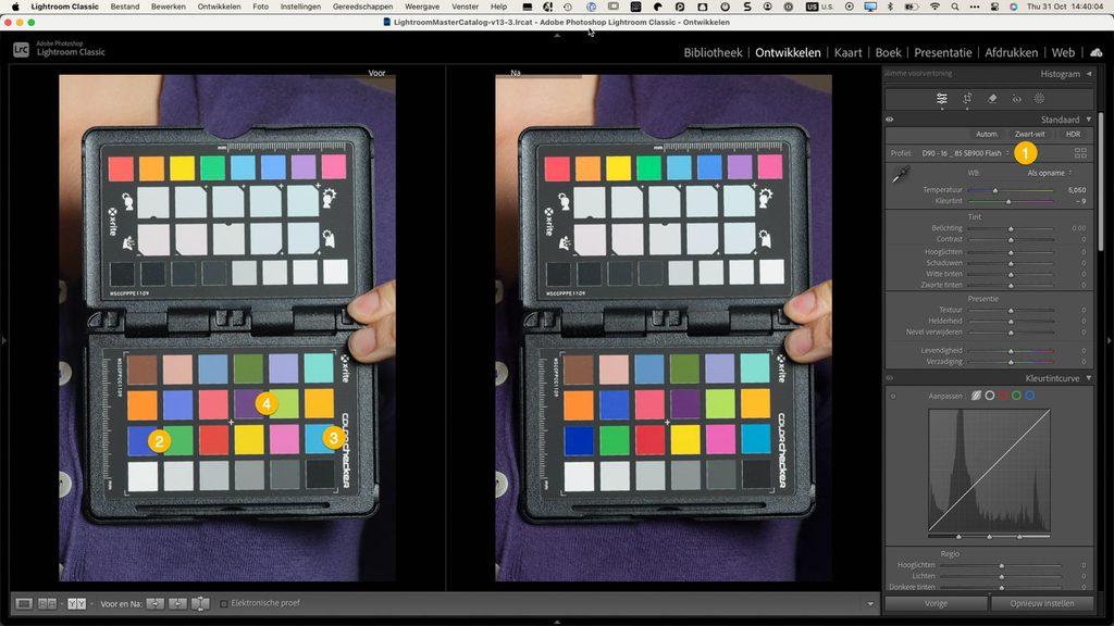 ColorChecker Passport in Lightroom: standaardprofiel Adobe Kleur naast een op maat gemaakt cameraprofiel