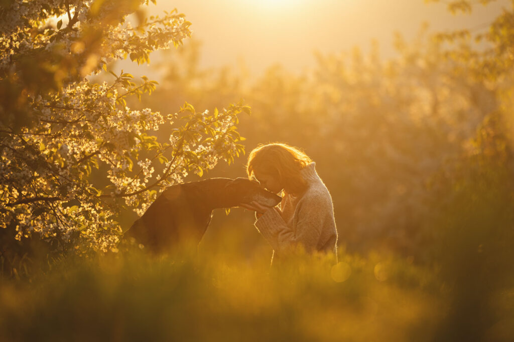 Vrouw en hond dicht bij elkaar in tegenlicht bij zonsopgang.