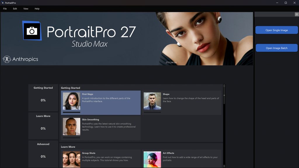 openingscherm PortraitPro 27 met tips
