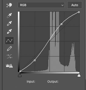 Photoshop curven-aanpassing met S-curve voor meer contrast in het porseleinen portret