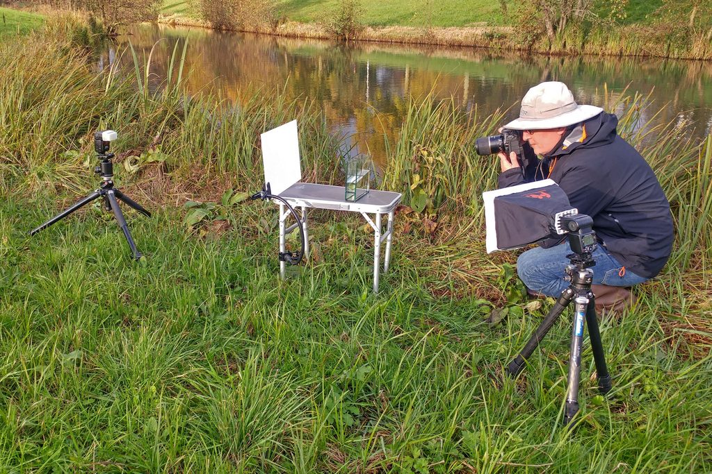 Opstelling voor waterinsecten fotograferen: cuvet op campingtafeltje met acrylaatplaat en flitsers aan de waterkant